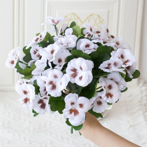 OUKEYI 8 mazzi di fiori artificiali per esterni, viola del pensiero, piccoli fiori selvatici finti viola del pensiero di plastica, per casa, giardino, aiuole, piante da esterno (bianco)