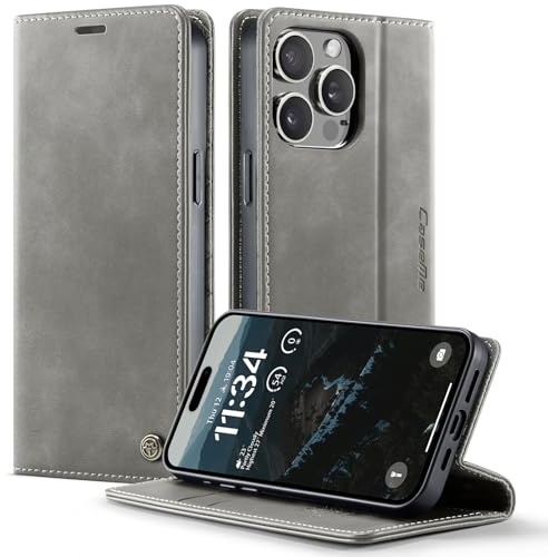 owlhold iPhone 14 Pro Max hülle klapphülle Premium PU Leder, RFID Schutzhülle, Faltbare Ständer, Handytasche Lederhülle Kartenfach Standfunktion Handyhülle iPhone 14 Pro Max - Grau