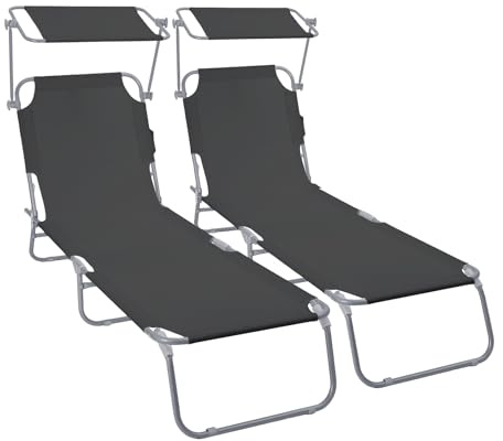 VOUNOT® 2er Set Sonnenliege Klappbar, Gartenliege mit Dach und 4-Fach Verstellbarer Rückenlehne, Leichte Strandliege für Garten, Terrasse, Camping, Pool & Strand, Schwarz