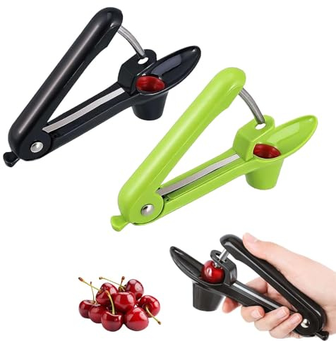 snocciolatore per Olive e Ciliegie 2 Pezzi in Acciaio Inox con Silicone Alimentare, Colori Nero e Verde, utensile da Cucina per casa e Picnic