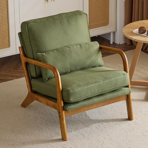 Bonnlo Accent Chair, Solid Wood Padding Lounge Armchairs, Linen, Dark Green | Occasional Reading Chair with Cushions and Lumbar Pillow, Comfy Armchairs for Living Room, Bedroom, Guest Room, Office