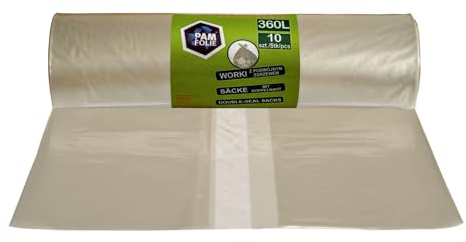 PAM-FOLIE Müllsäcke 360L - 10 Stück - XXL Große, Starke, Dicke Abfallsäcke - 120x150cm - 35µm - Universal, transparenter Müllbeutel - Bauschuttsäcke - Säcke für Bauschutt Abfalls, Styropor