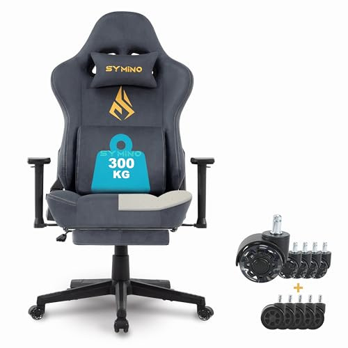 Symino Chaise Gamer XL, Siège Large Mousse+Latex, Support Lombaire & Tête, Inclinaison 175°, 300kg, Roues Silencieuses Incluses (Faux Daim, Gris)