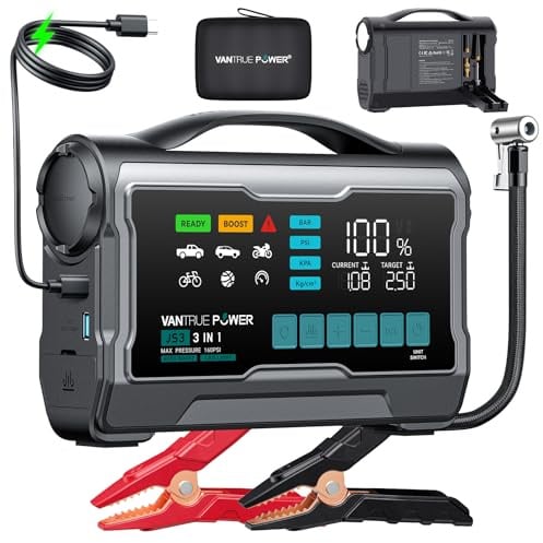 JS3 3250A Avviatore con Compressore d'Aria 160 PSI, Booster per Batteria Auto 12V con Display da 9, Power Bank con Ricarica Rapida 65W, Luce LED 400 Lumen – per Motori Benzina 10 L/Diesel 8 L | Booster batteria auto 12 V, per 10 l gas / 8 l diesel, 24000 mAh, 65 W, ricarica rapida, display LCD da 9 pollici