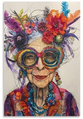 DHBANEIOK Bunte ältere Frau Wandbild Leinwand Gemälde Wohnzimmer Deko Wand Poster Kunstdruck Für Bauernhaus Schlafzimmer Wohnzimmer Dekor 24x36inch(60x90cm)