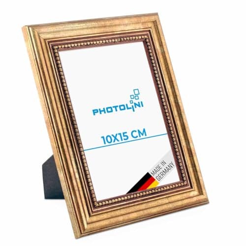 PHOTOLINI Barock-Bilderrahmen 10x15 cm in Gold antik, Holz-Rahmen Vintage, Made in Germany, Echtglas, zum Aufhängen & Aufstellen, mit Zubehör - verleiht Deinen Fotos das besondere Etwas