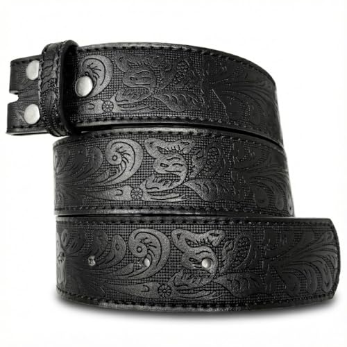 BC Belts Western Leather Belt Strap - 1.5” Wide with Embossed Scrollwork Without Buckle for Men & Women, Cowboy/Cowgirl Style, Black, X-Large (38-40 Waist)