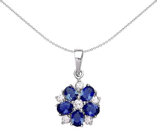 Jewelco London Ladies Sterling Silver Sapphire-Blue Oval Cubic Zirconia Tudor Rose Flower Petal Pendant Necklace 18 inch