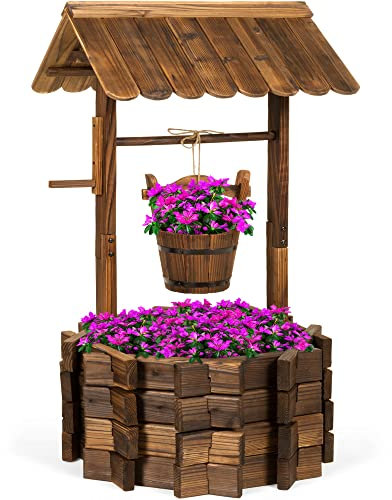 Best Choice Products Wooden Wishing Well Bucket Flower Planter Patio Garden Outdoor Home Décor