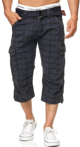 Indicode Herren Nicolas Check 3/4 Cargo-Shorts mit Gürtel aus Baumwolle | Robuste Herrenshorts für Urlaub und Outdoor mit Gürtel, Cargoshorts, Bermudas, Freizeithose, 3/4-Hose, kurze Hose für Männer