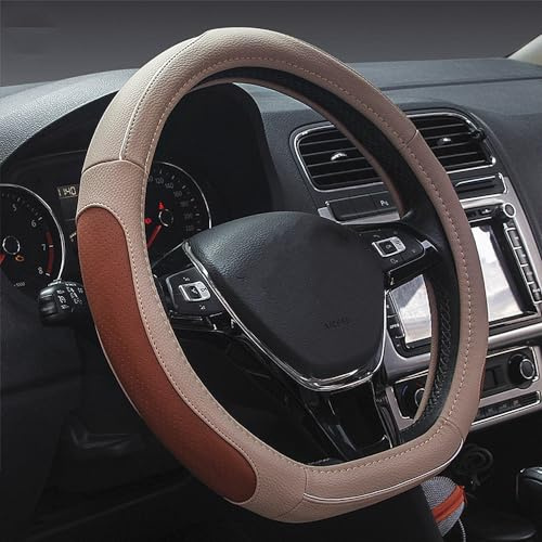 HONCENMAX D Type Steering Wheel Cover - Flat Bottom Car Steering Wheel Protector for Men Women D Cut Shaped Diameter 38cm(15) PU Leather Beige