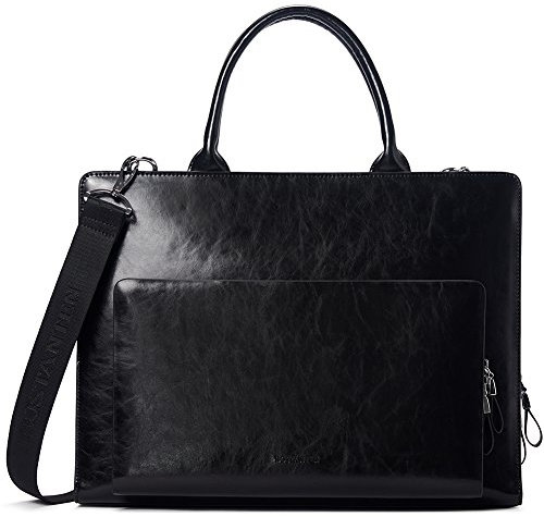 BOSTANTEN Herren/Damen Leder Aktentasche 14 Zoll Laptoptasche Businesstasche Vintage Schultertasche Umhängetasche Vintage Schwarz