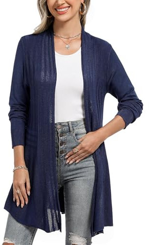 iClosam Cardigan Casual Donna Aperto sul Davanti a Maniche Lunghe Lunghezza Media A-Blu Navy,L