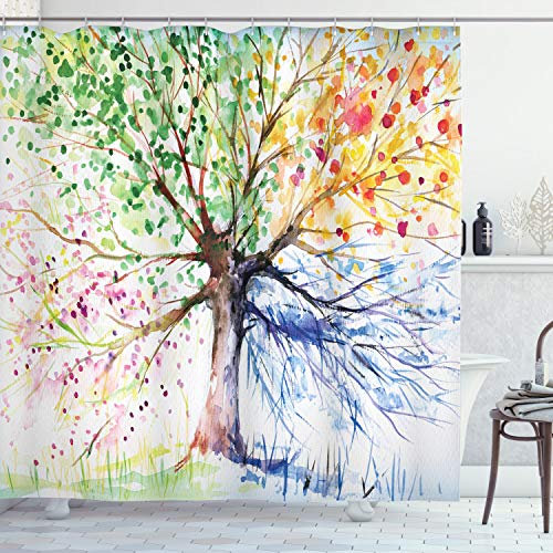ABAKUHAUS Aquarell Duschvorhang, 4 Jahreszeiten Bunte, Stoffliches Gewebe Badezimmerdekorationsset mit Haken, 175 x 180 cm, Braun Mehrfarbig