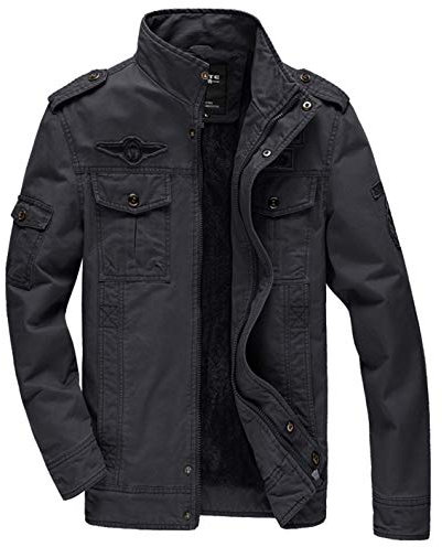 KEFITEVD Men's Multi Cargo Pocket Tactical Cotton Safari Jacket Fall Casual Fleece Coat, Dark Grey, XL