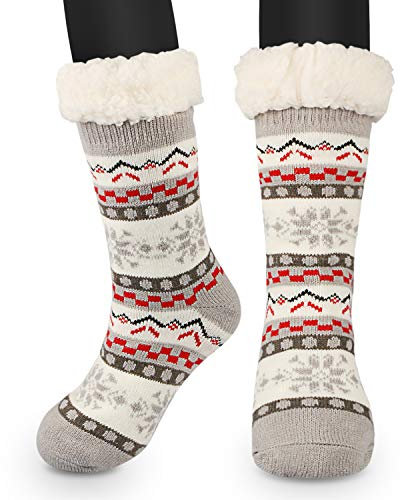 RenFox Winter Ladies Non Slip Sloth Fleece Lined Slipper Socks, Soft Cozy Cotton Knitted Socks for Women Girls, UK Size 5-9