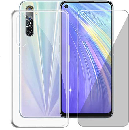 ZXLZKQ Fundas + Protector Cristal Templado para OPPO Realme 6 (6.5 Pulgadas), Transparente Case Silicona Suave Caso TPU Carcasa,Vidrio Película Protectora - Transparente