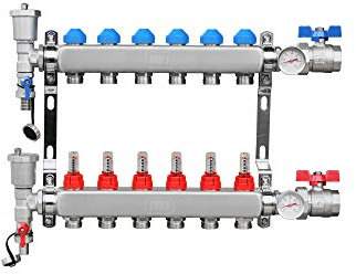 Distributore di circuiti di riscaldamento in acciaio inox, per riscaldamento a pavimento, indicatore di flusso, circuiti di riscaldamento: 6 circuiti di riscaldamento