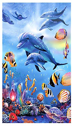 Große Strandtücher Badetuch Schnell Trocknend Wasseraufnahme Extra Microfiber L XL XXL, 3D Delfin Fisch Motiv Handtuch Blau Kinder Mädchen Junge Erwachsene Kuscheldecke (100x180cm)