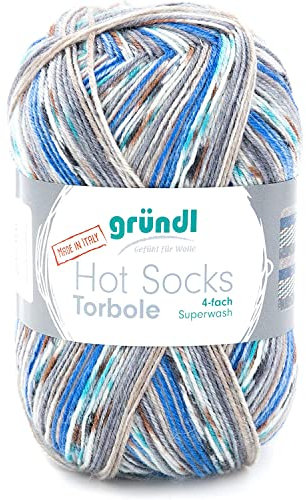 Gründl Hot Socks Torbole (Sockenwolle aus 75 % Schurwolle (superwash) & 25 % Polyamid, 4-fach Sockengarn, 100 g / 420 m, Nadelstärke: 2,5 - 3 mm, 100 g), capriblau-royal-burgund-weiß-petrol-graphit