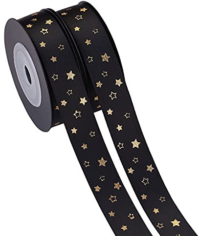 PandaHall 2 Rollen 20 Meter Stern-bedrucktes Satinband, 1,6 cm breit, schwarzes dekoratives Band mit Goldfolie für Geschenkverpackungen, handgefertigt, Handwerk, Party, Hochzeitsdekoration