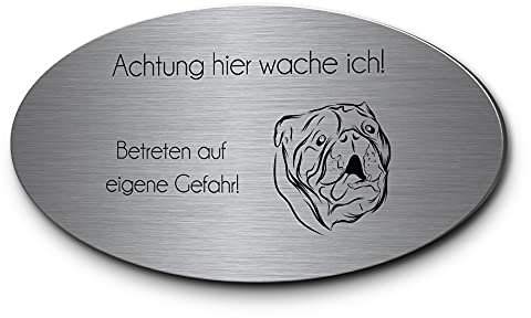 Hundewarnschilder für aussen Englische Bulldogge Vorsicht Hund Hier wache ich | Schöne Gravur auf Edelstahl oval 15x8 | Hinweisschild Langlebig robust für draußen zB Gartentor