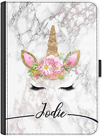 Personalised Initial Ipad Case For All Apple iPad Models 10, 9, 8, 7, 6, Air 11, Pro 12.9,13 inch, Mini, Grey Mable Unicorn with Custom Black Name Line, 360 Swivel Leather Side Flip Wallet Folio Cover