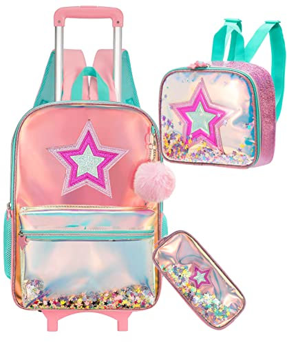 HTgroce Schulranzen Rucksack Trolley mit 2 Rollen für Kinder Mädchen 16in Schulranzen Mädchen ransparent Mit Essensbeutel und Federmäppchen