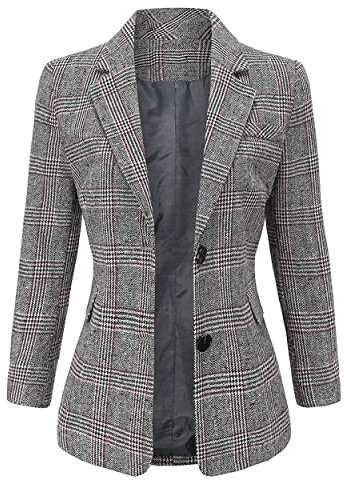 ebossy Damen Kerbe Revers 2 Knöpfe Boyfriend Blazer Anzug Hahnentritt Plaid Jacke Mantel, GRAU, XXL