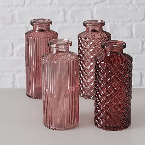 4er Set Blumenvasen Väschen aus Glas BOHO ORNAMENT rund rosa & altrosa Hochzeits-Deko Tisch-Dekoration Vintage Boho Hochzeit Geburtstag Geburtstags-Feier Wohungs-Deko Blumen-Dekoration Ostern