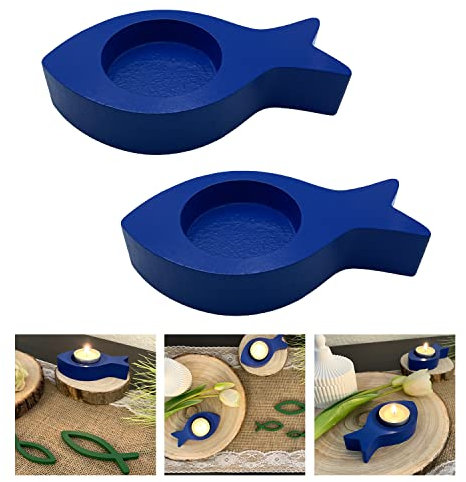 Oblique Unique® Teelichthalter Fisch 2er Set Kerzenhalter Fische aus Holz - Tisch Dekoration für Taufe Kommunion Konfirmation Taufdeko (Dunkelblau)