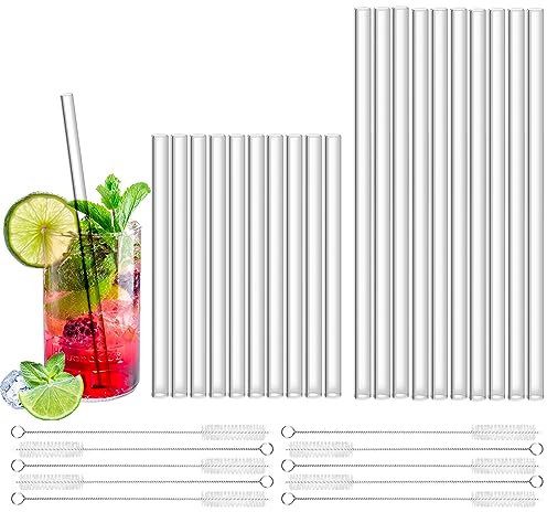 TMBMLPP 30 Stück Glas Strohhalme mit Reinigungsbürsten, Strohhalme wiederverwendbar, Strohhalme Glas Kurz, Glasstrohhalme Lang, Umweltfreundlich,Ungiftig, für Cocktails Tea Smoothie -15cm/21.5cm