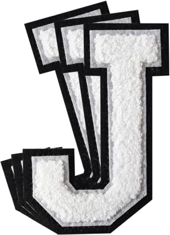 3Pcs Chenille Letter Patches Iron on Patches Varsity Letter Patches Chenille Embroidered Patch Sew On Patches for Clothing Hat Bags Jackets Shirt (White, J)