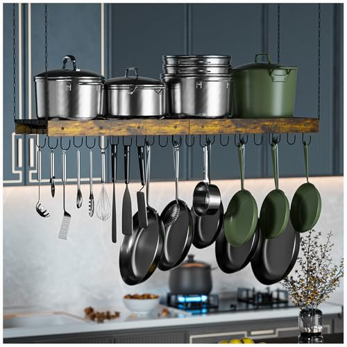 MAWEW Vintage Pot Rack - Iron & Wood Hanger for Kitchen Ceiling, Measures 24 x 13 x 2.4 Inches