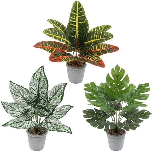 3 Pack 14in Tall Artificial Faux Plants in Pots Fake Plant Decorative for Greenery Home Bedroom Garden Indoor Outdoor Farmhouse Shelf Decor (Variegated wood, Turtleback Leaf, White Taro Leaf)