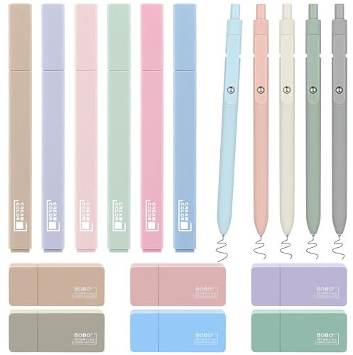 COZCLAM 17 Textmarker Pastell Set, 6 Stifte Aesthetic No-Bleed Marker Stifte, 5 Schwarze Gelstiften und 6 Korrekturroller, Schulsachen Aesthetic Schule Bibel Zubehör für Journal, Bibel, Büro