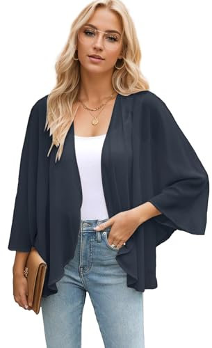 Famulily Ladies Navy Chiffon Kimono Cardigans Summer Sheer Shrugs Top Half Sleeve Open Front Beach Cover up (XXL,Navy)