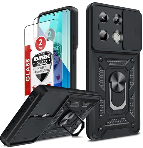 LeYi Coque pour Xiaomi Redmi Note 13 4G(Pas 5G) Anneau avec 2*Verre Trempé+Full Protection Caméra Coulissante, Étui de PC Dur et TPU Silicone Militaire Anti-Rayures Coque Redmi Note 13 Antichoc-Noir