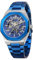 BOLYTE Mechanische Herrenuhr, selbstaufziehende Armbanduhr für Herren, achteckiges Gehäuse, Edelstahlband, Skelett-Design, Uhren, Silber-Blau, Klassisch