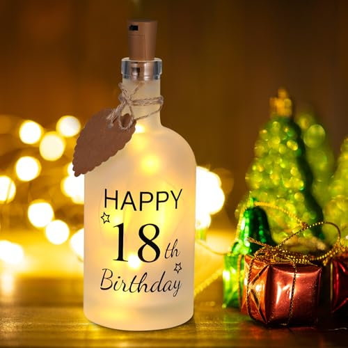 JIZZU Bouteille en Verre avec Guirlande Lumineuse LED, Lampe de Bouteille Blanc Chaud avec l'inscription '18th Happy Birthday', Cadeaux d'anniversaire pour Filles de 18 ans