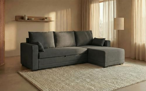 BUDWING Leah Eck-Schlafsofa 4-Sitzer – Reversible Chaise Longue & 2 Zierkissen – Polsterung aus Polyester – Modernes Design – 233x124x69 cm – Dunkelgrau
