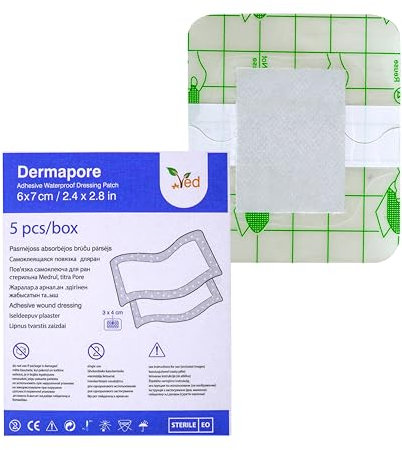 VED Dermapore Waterproof Adhesive Wound Dressing- Suitable for cuts and grazes, Diabetic Leg ulcers, venous Leg ulcers, Small Pressure sores- Medium, 6 x 7cm (Pack of 5).