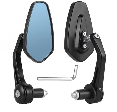 VStoy Lenkerendenspiegel Motorrad 22mm Universal, Rückspiegel Lenkerspiegel Unten Klappbar, CNC Aluminium mit Blauem Anti-Glare Glas, Ideal für Racing, Show & Offroad, Schwarz