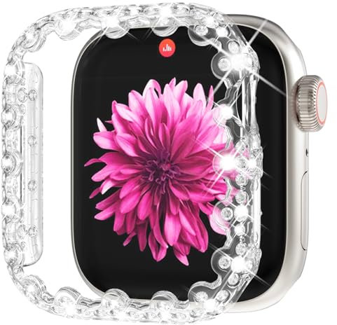 WINGLE Bling Case for Apple Watch 44mm Screen Protector Case Series 6 5 4 SE (2nd Gen), Lace Edge 4 Leaf Clover Diamond Face Cover Glitter Rhinestone Protective Bumper for iWatch Women, 44mm Clear