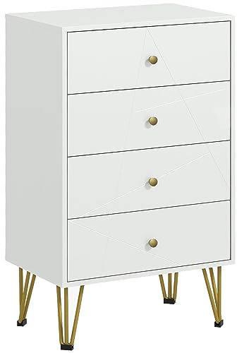HOMCOM Cómoda de Dormitorio Moderna Cómoda de Madera con 4 Cajones y Patas Metálicas Mueble Cajonera para Salón Oficina 60x40x100 cm Blanco