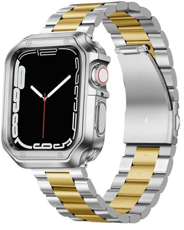 BINLUN Compatible with Apple Watch Strap 49mm for Men, Matte Stainless Steel Metal Watch Band with Polished Finish TPU Watch Case Compatible with iWatch Series Ultra/Ultra 2 (Silver+Gold)