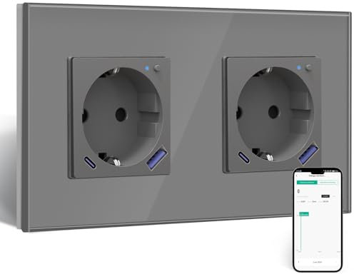 BSEED Wlan Schuko Steckdose mit USB C 20W Schnellladegerät,Smart Steckdose Unterputz mit Strommessung,Arbeit mit Alexa/Google Home,Stromzähler für Doppelsteckdose mit Smart Life App,2 Fach 157mm Grau