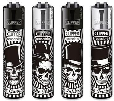 Clipper Feuerzeuge, Set mit 4 Stück, außergewöhnliche Motive (Party Skulls)