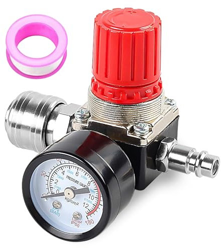 Druckminderer, 1/2, 1/4 Druckminderer druckluft mit 3M Rollen Teflonband, EU-Standard 3 Löcher Druckschalter Regelventil für Luftverdichter, 120 PSI Druckschaltventil mit Manometer, Kompressor