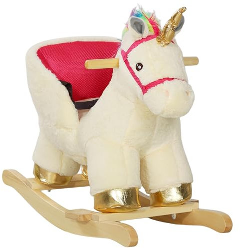 AIYAPLAY Caballo Balancín, Caballo Unicornio Balancín con Sonidos Realistas, Cinturón de Seguridad, Base de Madera, Peluche para Montar en Unicornio, para Edades 18-36 Meses, Blanco Crema